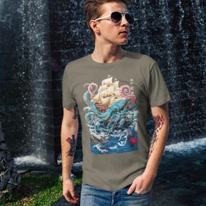 T-shirt Octopus Kraken : calligraphie japonaise, t-shirt monstre marin
