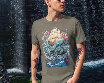 Camiseta Pulpo Kraken: Arte de caligrafía japonesa, camiseta de monstruo marino