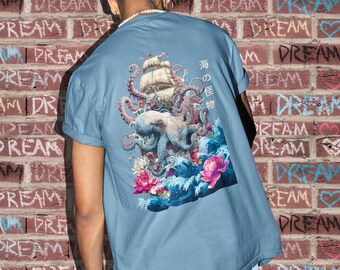 Camiseta de caligrafía japonesa de pulpo: Arte Gyotaku, estampado dorado