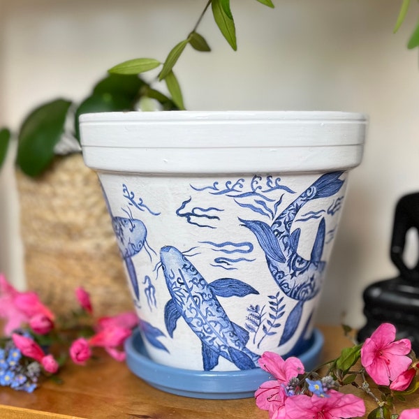 Koi carp decoupaged garden plant pot, pond fish planter, Japanese oriental sea life flower pot, indoor or outdoor use