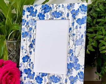 Blue floral decoupaged photo frame, floral shabby chic wooden picture frame, blue and white  flower decor