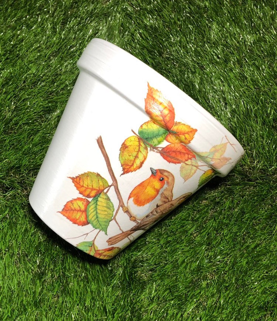 Robin autumnal decoupaged plant pot robin garden planter | Etsy