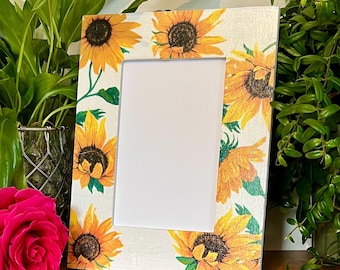 Sunflower decoupaged photo frame, floral shabby chic wooden picture frame, yellow flower decor