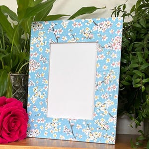Blossom floral decoupaged photo frame, oriental shabby chic wooden picture frame, blue and white  flower decor