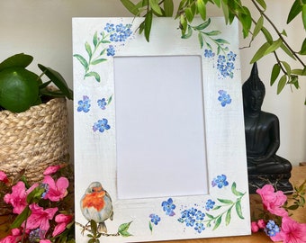 Robin and forget me not decoupaged photo frame, flowers and bird shabby chic home decor, drift wood frame, when a robin appears