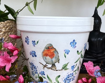 Robin and forget me not decoupaged plant pot, flower and bird garden planter, blue flower pot