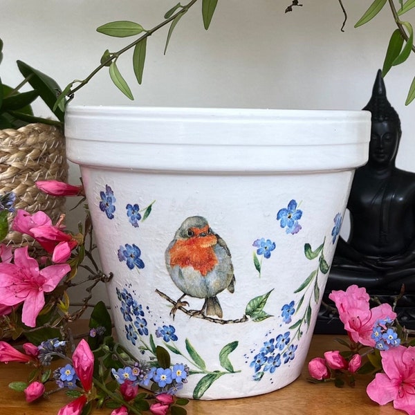 Robin and forget me not decoupaged plant pot, flower and bird garden planter, blue flower pot