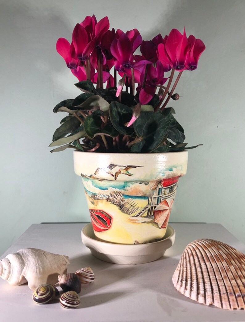 Beach theme decoupaged seaside plant pot and saucer nautical Etsy