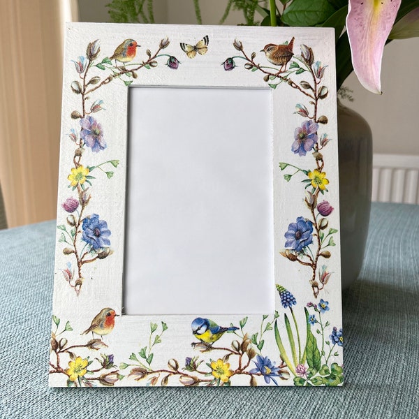 Cute birds and flowers decoupaged wooden photo frame, robin and blue tit picture frame, shabby chic decor