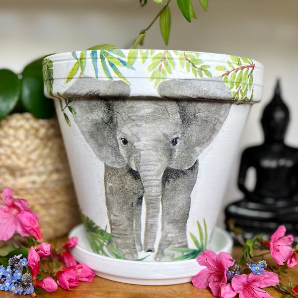 Elephant decoupaged Plant pot,  Garden planter, Elephant gift, animal flower pot, children’s gardening gift