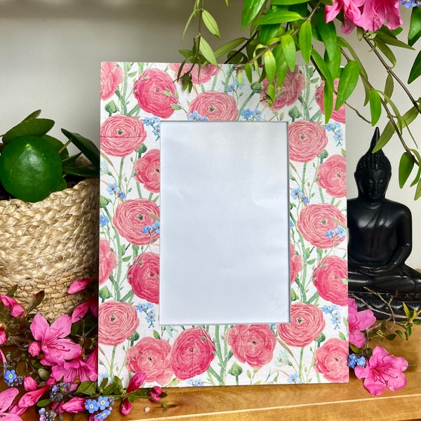 Ranunculus and forget me not decoupaged photo frame, floral shabby chic wooden picture frame, pink flower decor