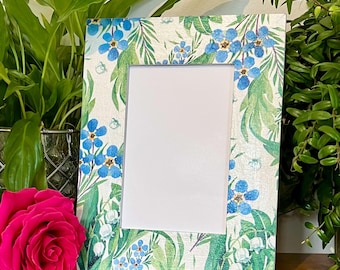 Forget me not decoupaged photo frame, flowers shabby chic home decor, drift wood frame, floral frame