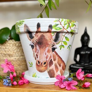 Giraffe decoupaged plant pot,  garden planter, giraffe gift, Animal flower pot, safari animal home decor
