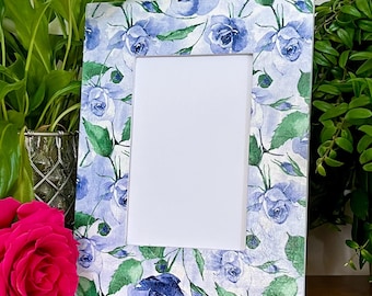 Blue rose flowers decoupaged photo frame, flowers shabby chic home decor, drift wood frame, floral frame