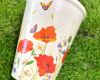Poppy and butterfly decoupaged orchid plant pot, wild poppies tall flower pot, personalised garden planter, Remembrance Day
