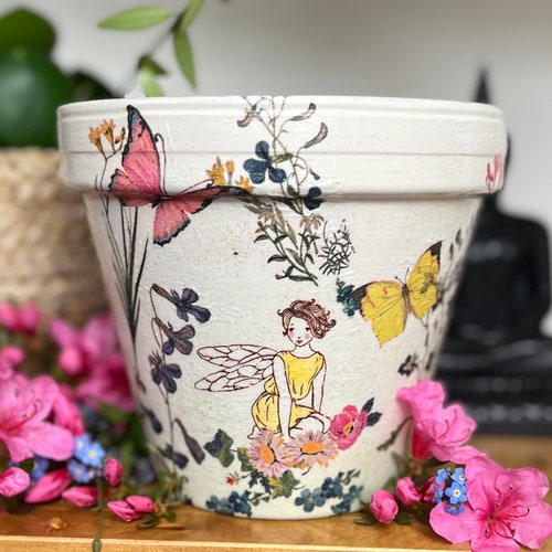 Fairy decoupaged plant pot, fairy garden planter, magical flower pot with glitter, home gift for her, children’s gardening gift