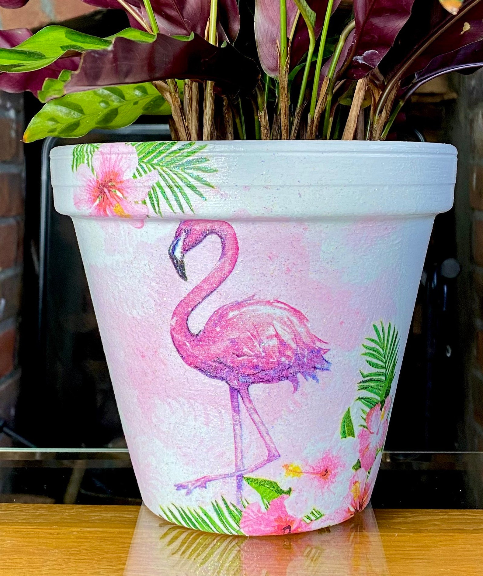Pink Flamingo Decoupaged Plant Pot Tropical Bird Planter Etsy