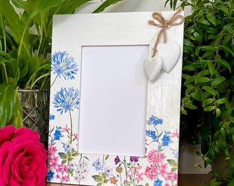 Agapanthus lavender and forget me not flowers decoupaged photo frame, floral shabby chic wooden picture frame, pink blue flower decor