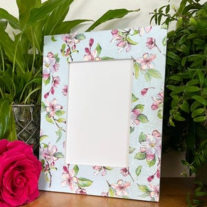 Blossom floral decoupaged photo frame, oriental shabby chic wooden picture frame, blue and white  flower decor