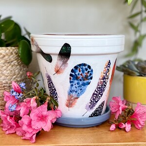 Feathers decoupaged plant pot, colourful bird feather garden planter, rainbow flower pot