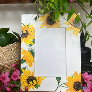 Sunflower decoupaged photo frame, floral shabby chic wooden picture frame, yellow flower decor