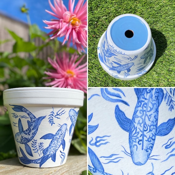 x6 Blue Flower Flower Plant Pot Ceramic Porcelain Indoor Outdoor Garden 