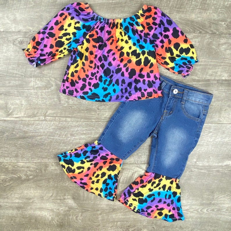 Girls Leopard Tie Dye Top and Bell bottom Jeans