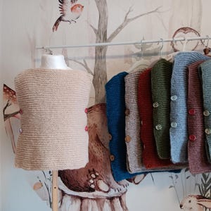 Könnte beinhalten: Präsentation von Strickwesten in verschiedenen Farben, darunter Beige, Blau, Grau, Rot und Grün. Die Westen werden auf einem Gestell mit einer Schaufensterpuppe und Kleiderbügeln präsentiert. Jede Weste hat Knopfverschlüsse. Der Hintergrund zeigt eine verspielte Waldtapete.