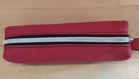 Pen Case, Pencil Case, Pencil Case, Pencil Case, Real Leather, Red, Silver,  Handmade, Small Zip 