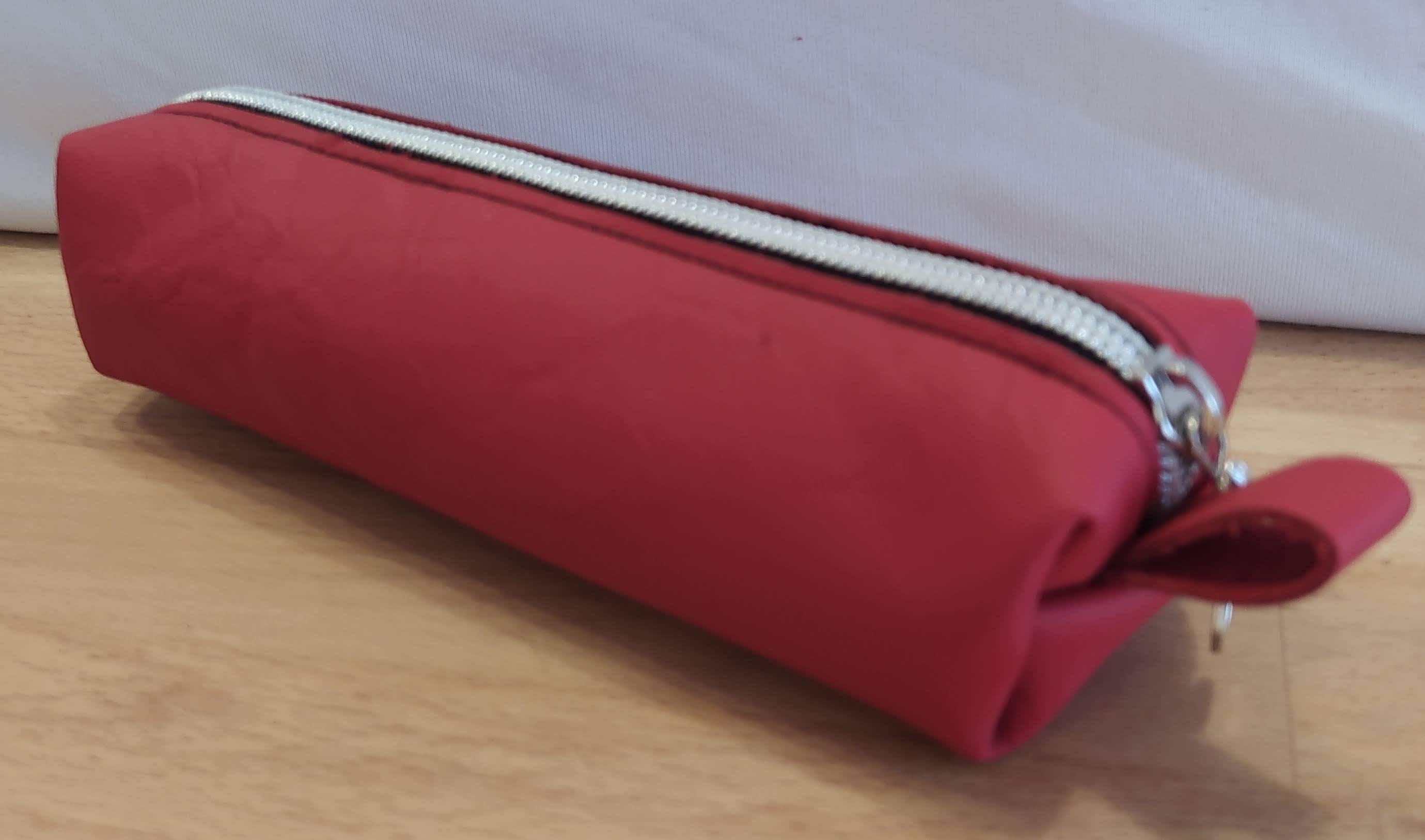 Pen Case, Pencil Case, Pencil Case, Pencil Case, Real Leather, Red, Silver,  Handmade, Small Zip 