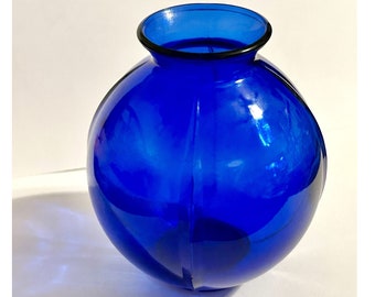 Vintage Cobalt Blue Glass Orb Vase, MCM decor in Perfect condition!