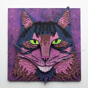 Cat Portrait Original Cut Paper Mixed Media Art Piece