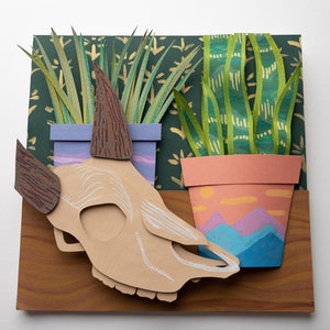 Bison Skull and Potted Plant Original Cut Paper Still Life Art Piece