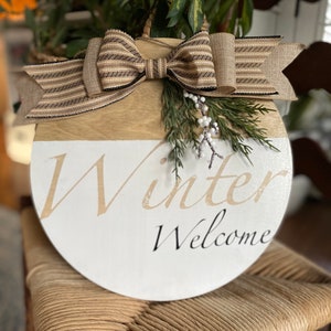 Winter, Welcome, Wooden Wreath, Door Hanger, Ribbon, Burlap, White, Front Door, Home Devore, Apartment, Condo, image 1