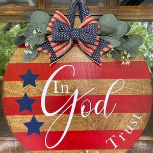 Welcome, In God We Trust, Wooden Wreath, Door Hanger, USA, America, Striped, Red, Flag, Front Door, Forth Of July, Memorial Day