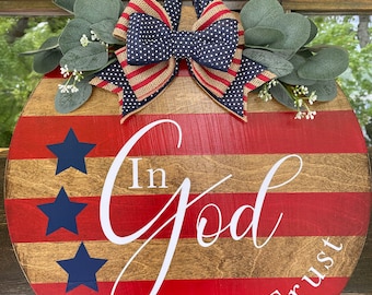 Welcome, In God We Trust, Wooden Wreath, Door Hanger, USA, America, Striped, Red, Flag, Front Door, Forth Of July, Memorial Day