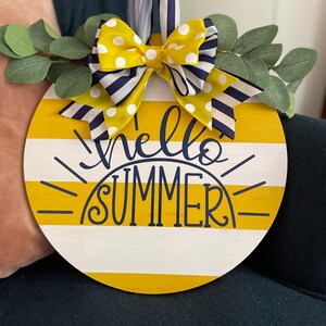 Hello Summer, Summer, Yellow, Sunshine, Stripes, Navy, Polka Dots, Sign, Wooden Sign, Wreath, Door Hanger, Front Door, Welcome, Summer Sign,