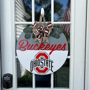 Ohio State Buckeyes Football Door Hanger – OSU Game Day Decor | Round Wooden Sign with Bow | Front Door Fall Football Wreath|Handmade Sports