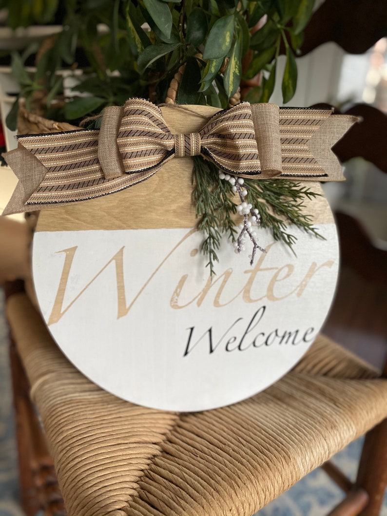 Winter, Welcome, Wooden Wreath, Door Hanger, Ribbon, Burlap, White, Front Door, Home Devore, Apartment, Condo, image 4