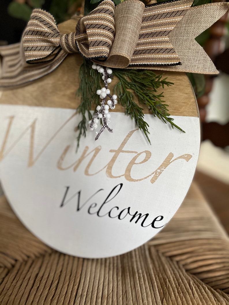 Winter, Welcome, Wooden Wreath, Door Hanger, Ribbon, Burlap, White, Front Door, Home Devore, Apartment, Condo, image 3