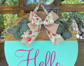 Hello, Wooden Wreath, Welcome, Front Door, Bow, Flowers, Wooden Sign, Housewarming Gift, Round, wooden sign,Door Hanger, spring, summer,sign