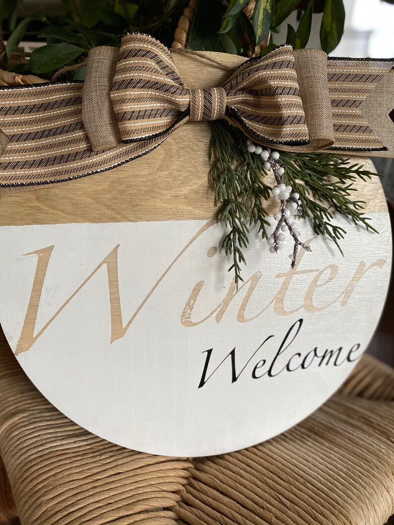 Winter, Welcome, Wooden Wreath, Door Hanger, Ribbon, Burlap, White, Front Door, Home Devore, Apartment, Condo, image 2