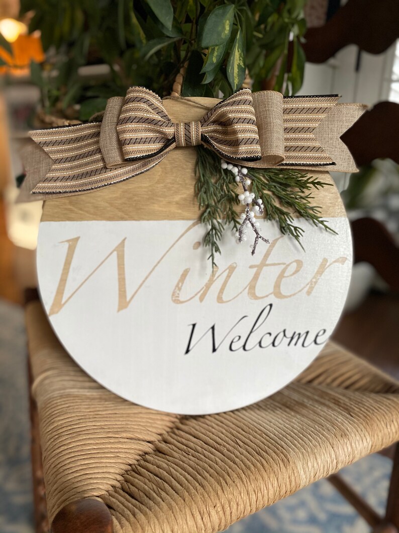 Winter, Welcome, Wooden Wreath, Door Hanger, Ribbon, Burlap, White, Front Door, Home Devore, Apartment, Condo, image 1