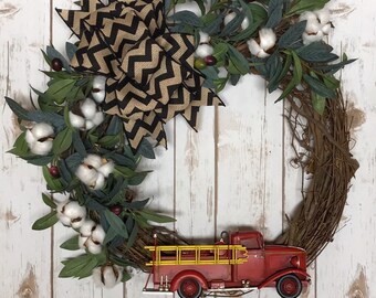 Wreath for Front Door | Red Metal Truck | Fire Truck | Cotton Wreath  | Grapevine Wreath