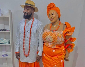 Orange Traditional Wedding Outfits For Couple/Engagement Outfits/African Wedding Outfits/Atiku or Cashmere Outfits