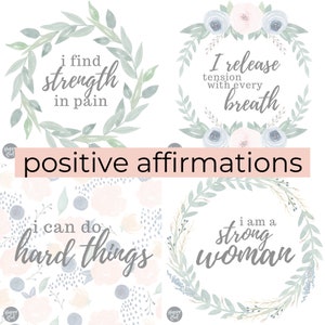 Puede incluir: Cuatro coronas de flores de acuarela con afirmaciones positivas: "Encuentro fuerza en el dolor", "Libero la tensión con cada respiración", "Puedo hacer cosas difíciles" y "Soy una mujer fuerte".