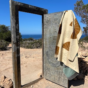 Può includere: Un telaio di porta in metallo usurato con una porta a motivi e un tessuto beige e marrone a motivi appeso. Il telaio della porta è ambientato in un ambiente naturale all'aperto con vista sul mare e sul cielo blu.