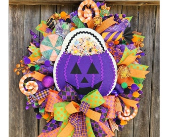 Halloween Wreath with Candy Bucket, Whimsical Pumpkin Decor