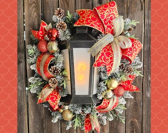 Christmas Wreath, Wreath with lantern, Double Door Christmas Wreath, Christmas Decor, light up wreath