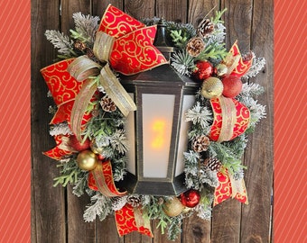 Christmas Wreath with lantern, Double Door Christmas Wreaths, Lantern Decor, Christmas Decor, Lantern, Wreath with light